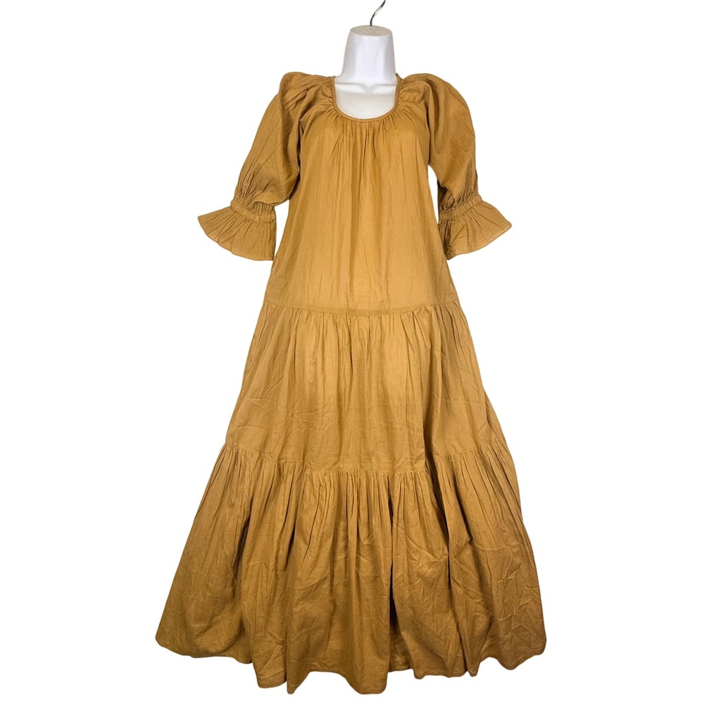 Daughters of India Kyra Maxi Dress Wmns XS Mustard Ochre Cotton Tiered Boho NWT